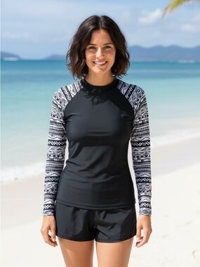 Swimsuit Black Rash Guard with Black & White Patterned Sleeves